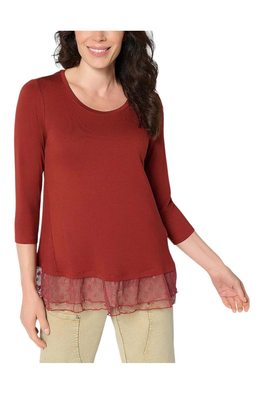 LOGO Layers by Lori Goldstein Women's 3/4 Slv Mesh Hem Top Brick - Petite